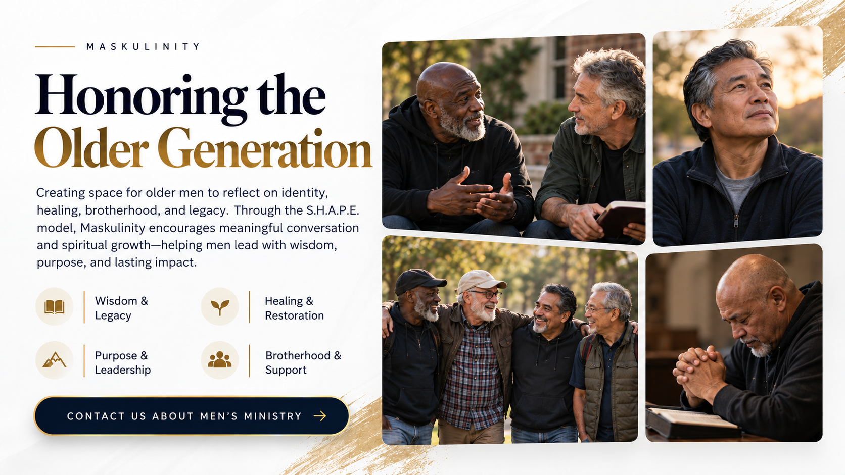 Diverse older men in honest conversation, personal reflection, friendship, and prayer
