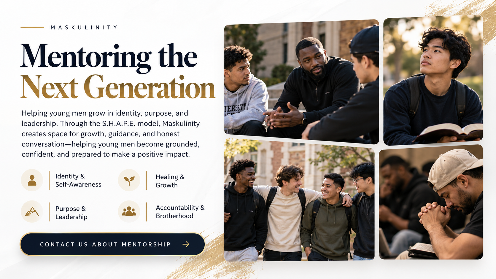 A diverse group of young men in campus conversations, reflection, fellowship, and prayer