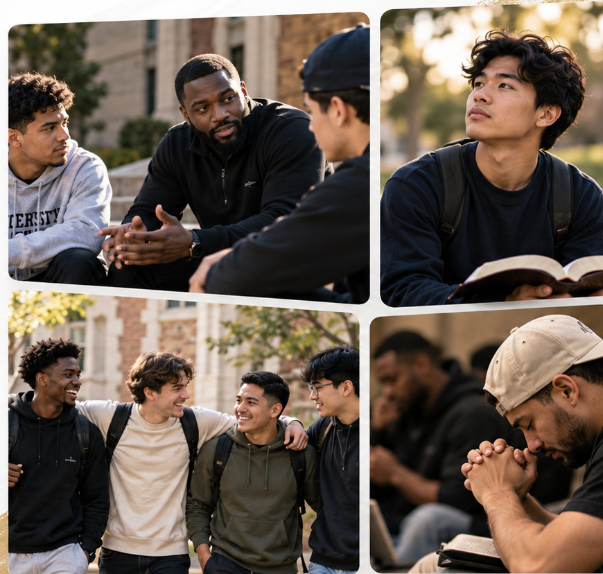 College-age men of different backgrounds in mentoring conversations, friendship, reflection, and prayer