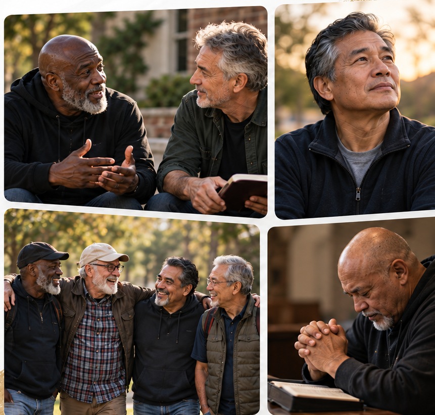 Older men of different cultural backgrounds sharing experiences, friendship, and prayer